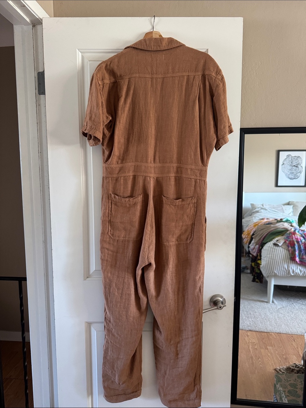 Short Sleeve Linen Jumpsuit In Rust - Picture 3 of 3